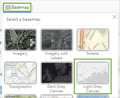 Light Gray Canvas selected in the Basemap gallery Light Gray Canvas selected in the Basemap gallery